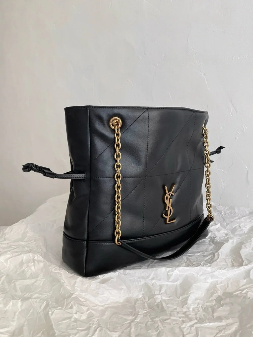 Saint Laurent Black Leather Shoulder Drawstring Bag with Gold Chain